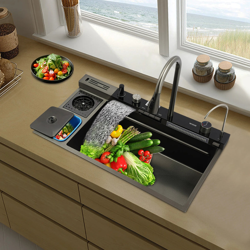 Multifunctional Stainless Digital Display Single Bowl Waterfall