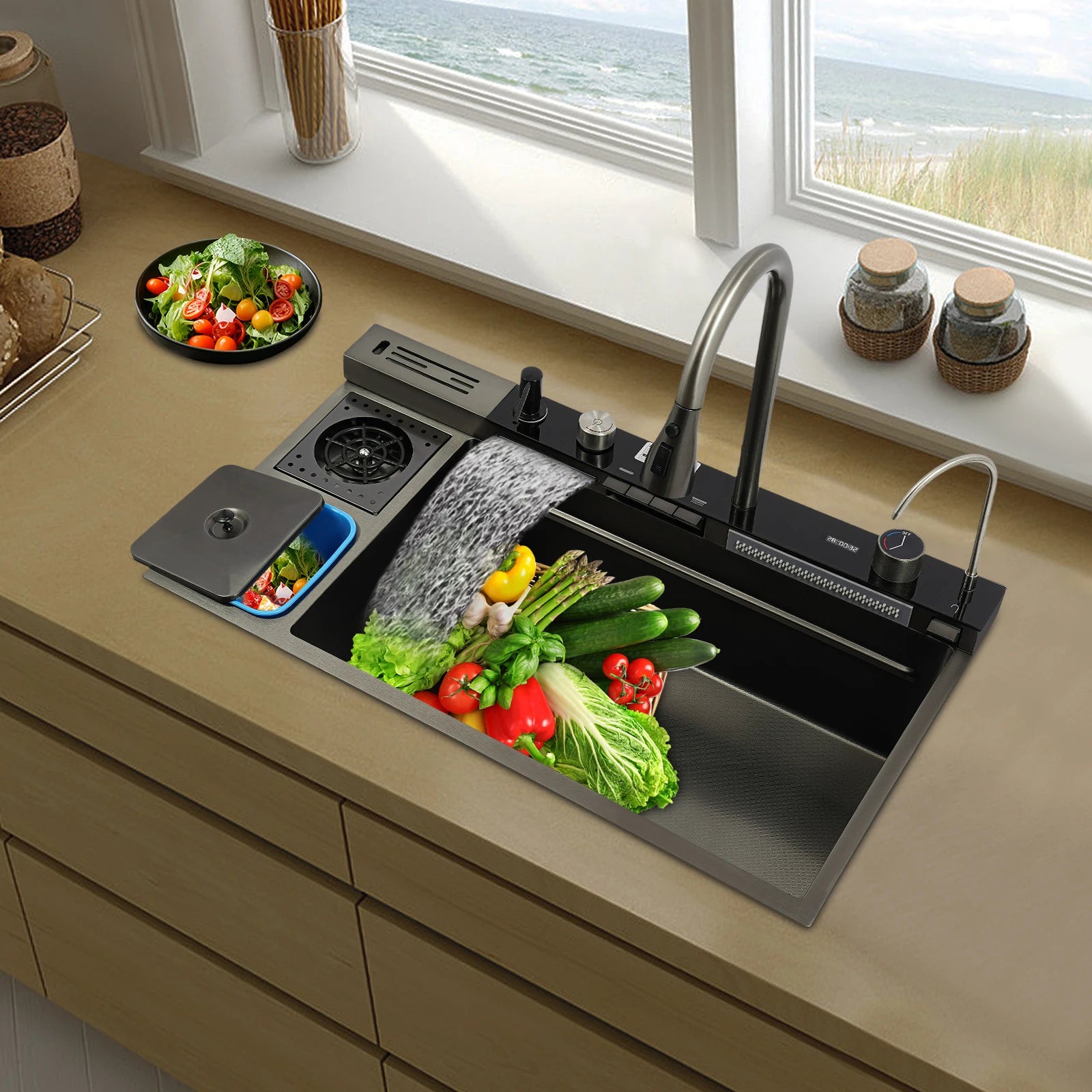 Multifunctional Stainless Digital Display Single Bowl Waterfall