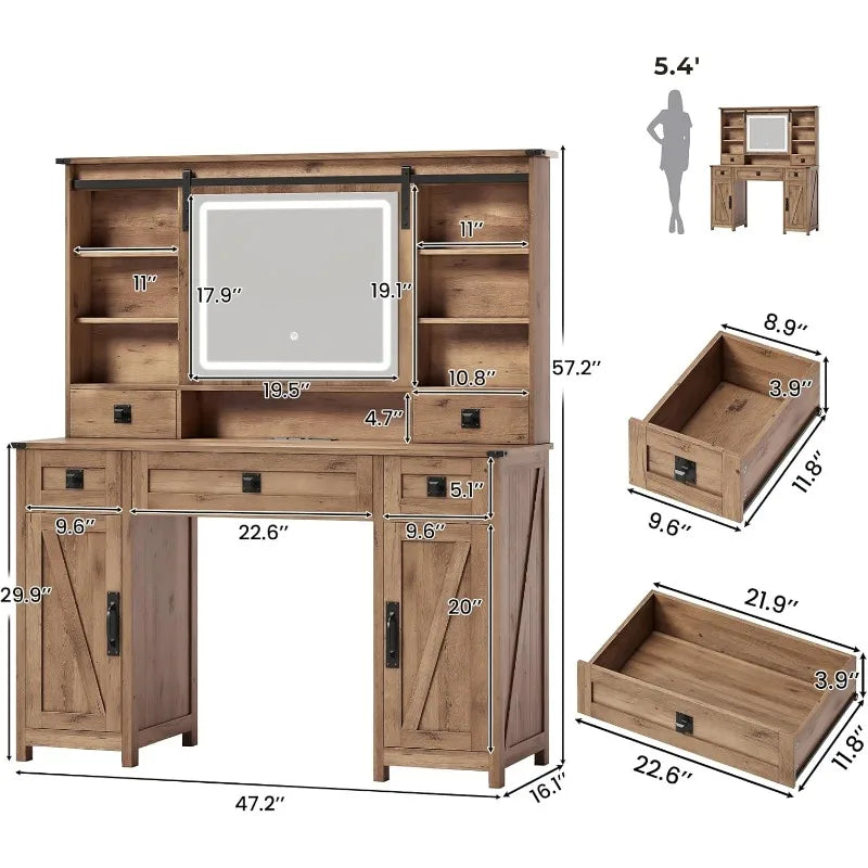 Farmhouse Vanity Desk with Light and mirror