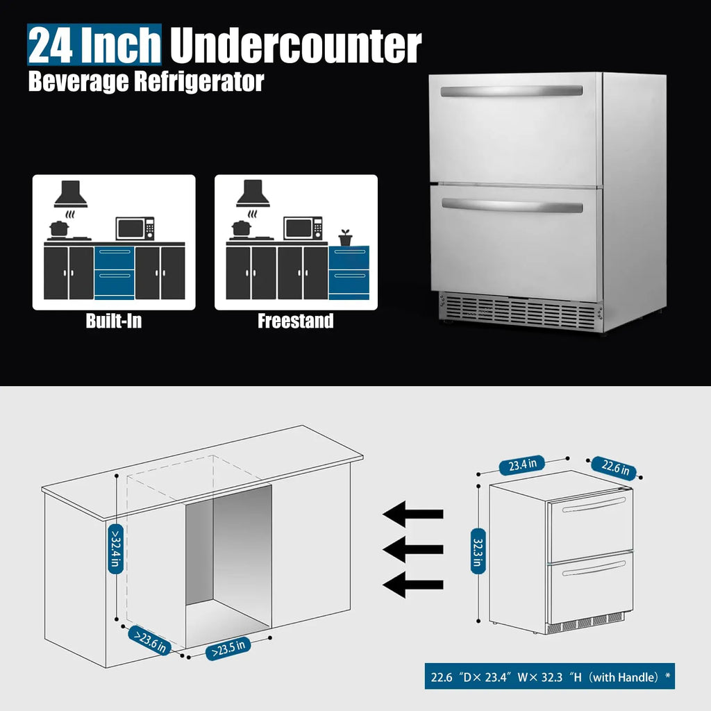 24" Under Counter Double Drawer Fridge Stainless