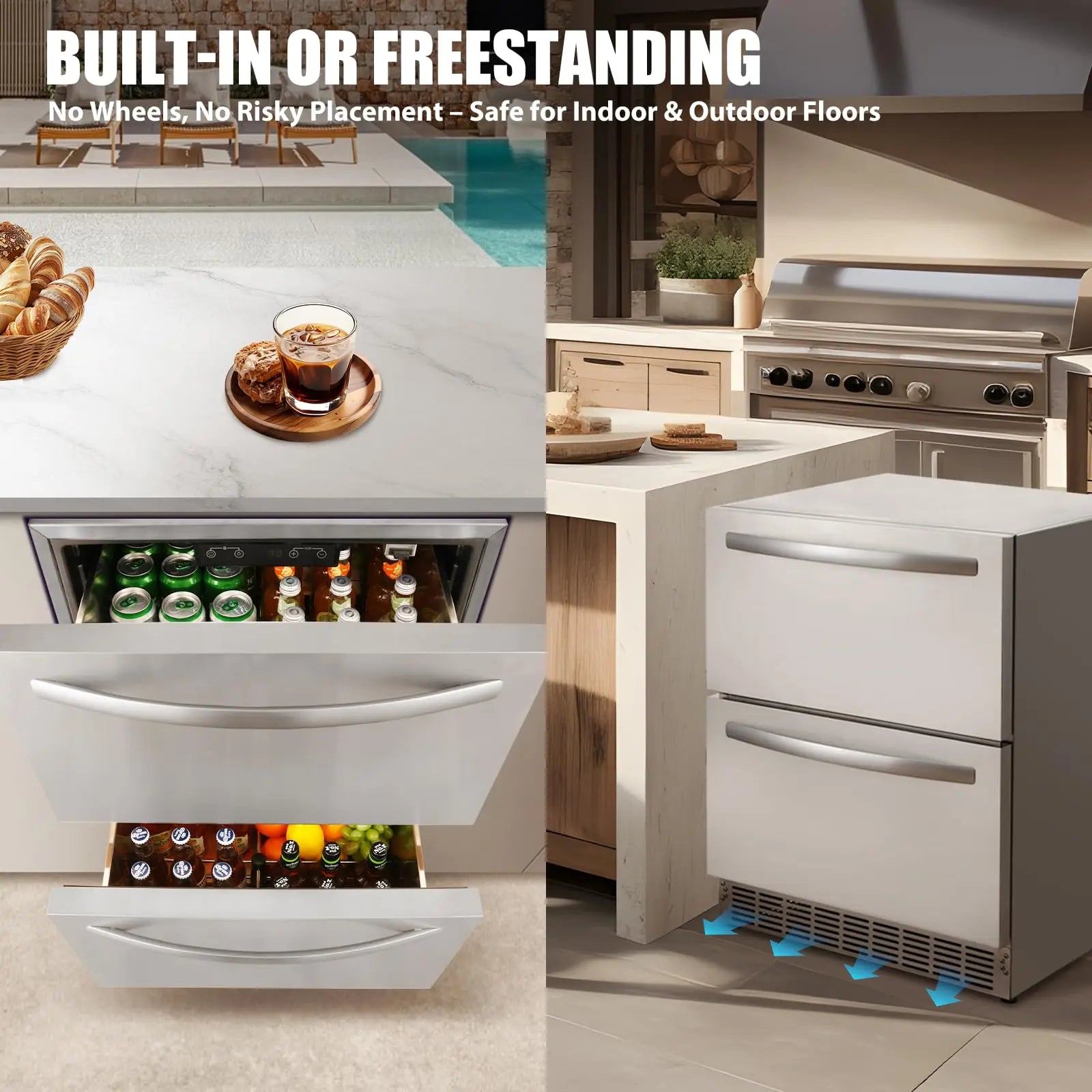24" Under Counter Double Drawer Fridge Stainless