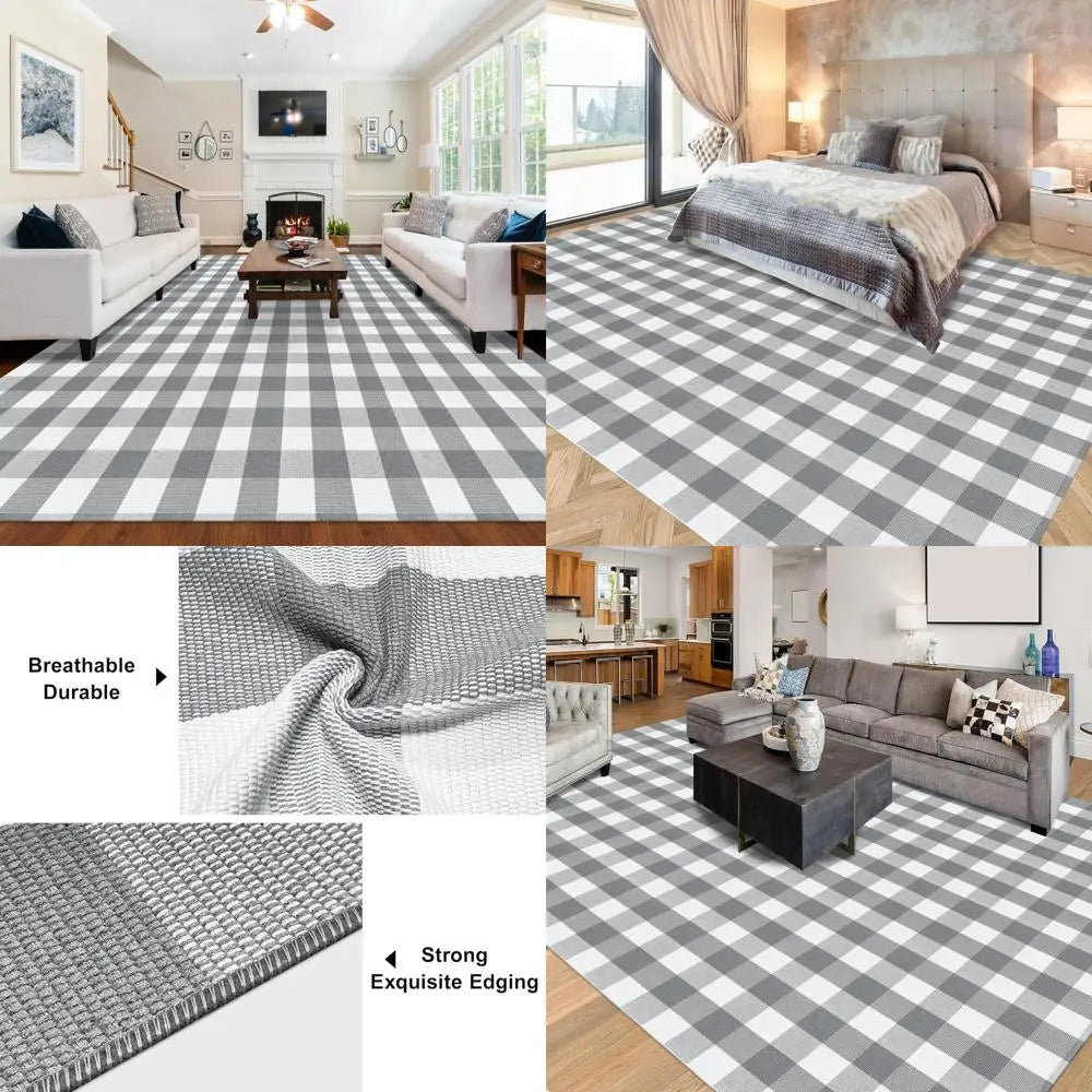 8x10 Grey/White Check Washable Indoor/Outdoor