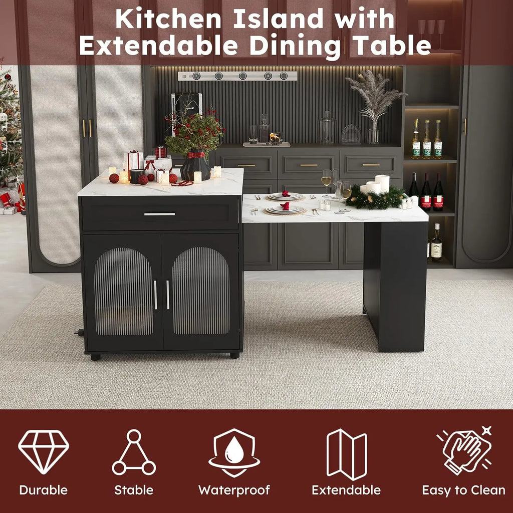 80" Island w/Extendable Marble-Grain to Outlet Rolling