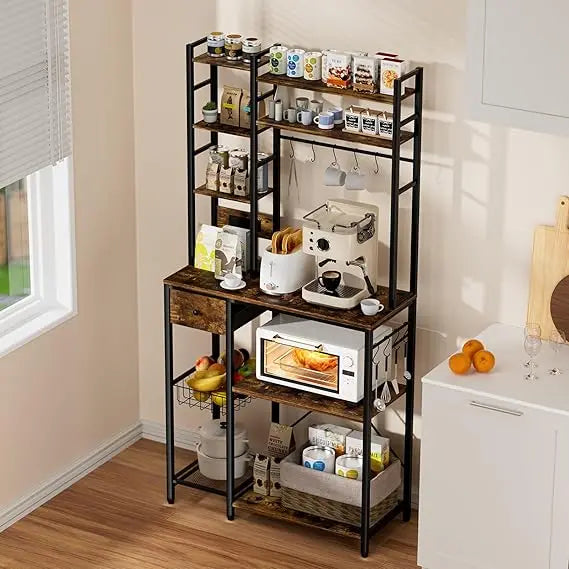 72 Bakers Rack W/Outlet/8-Tier/MW Stand/Coffee Bar