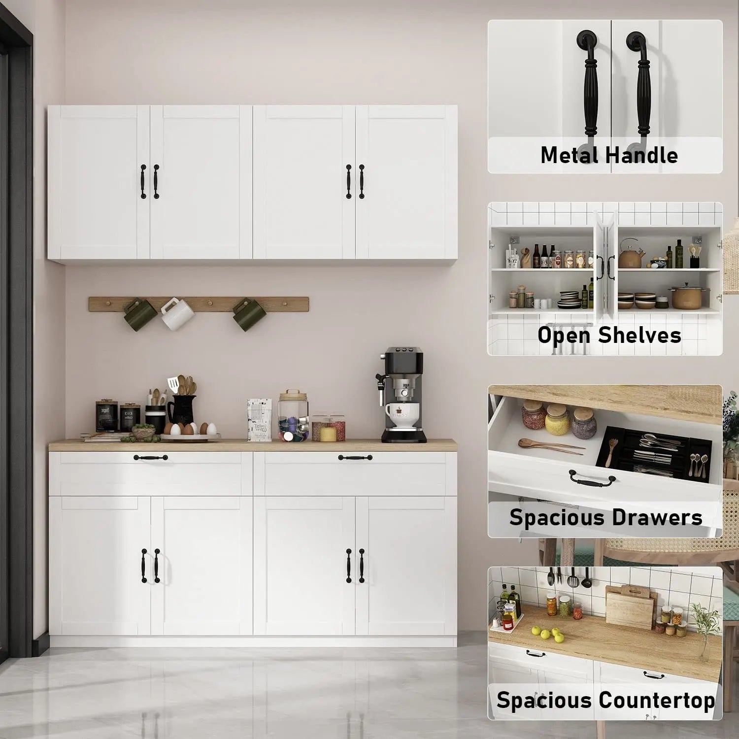 Wall-Mounted Pantry W/Countertop/Drawers/Doors/Wall Cabinets