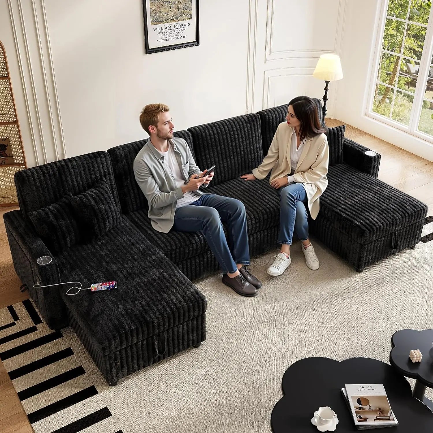 Sleeper Sectional Sofa, 110" Modern U