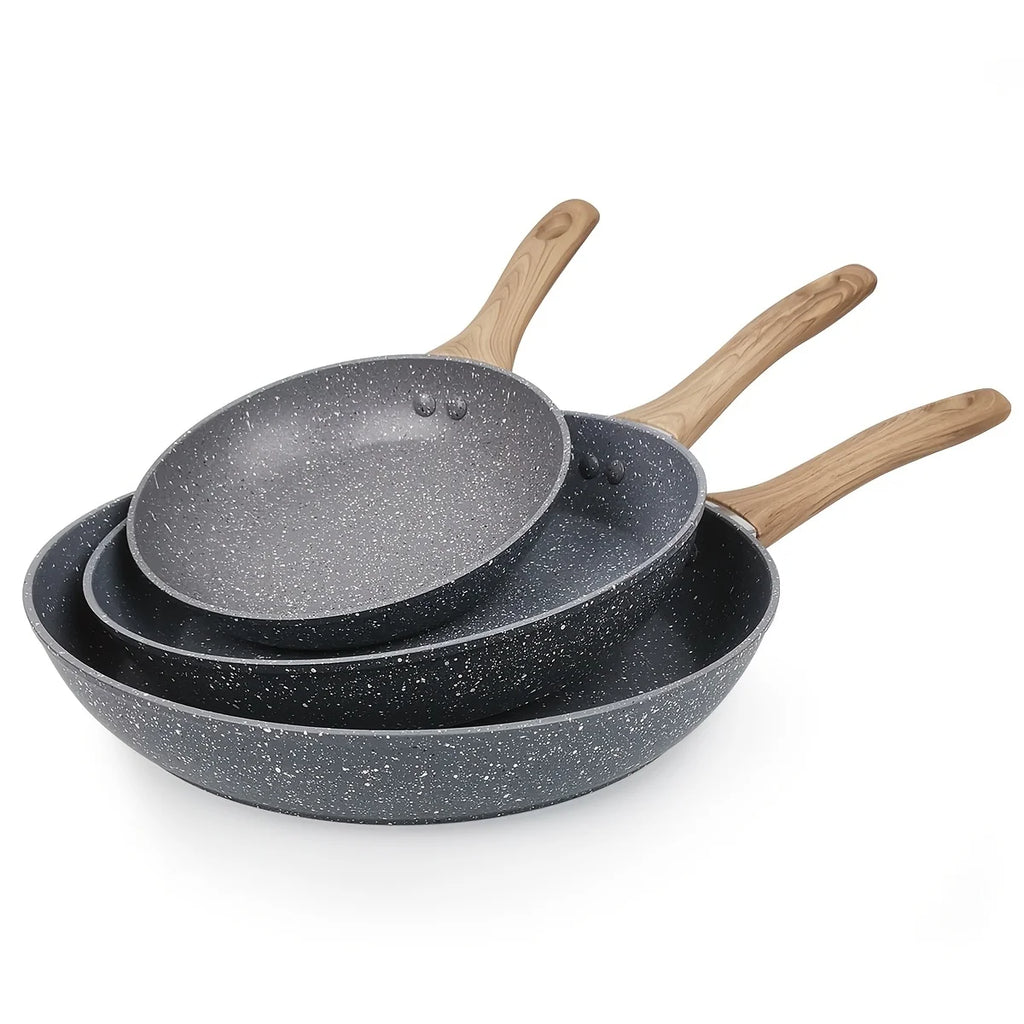 3 pcs Cookware Non-Stick Frying Pans Wooden Handle