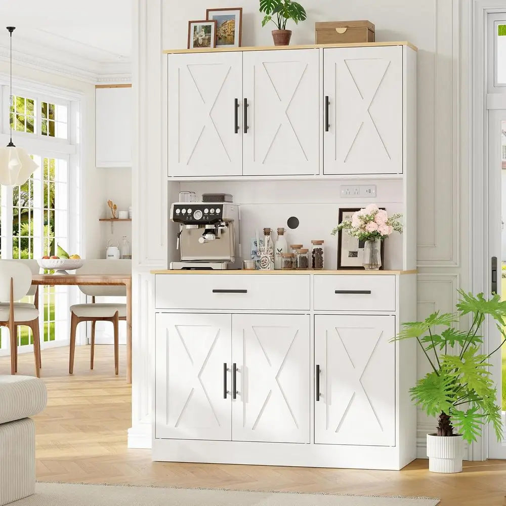 White Tall Pantry Cabinet W/Charging Station
