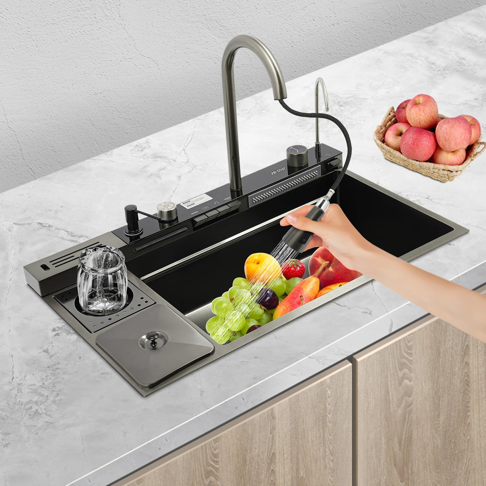 Multifunctional Stainless Digital Display Single Bowl Waterfall