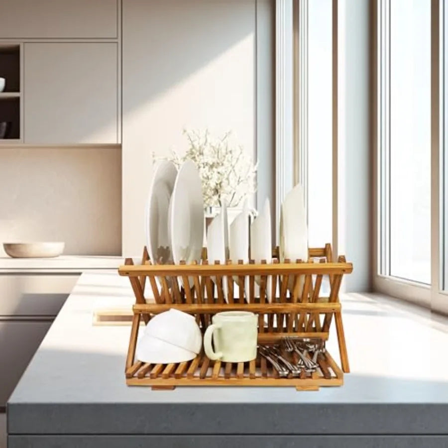 3 Tier Collapsible Teak Wood Dish Rack