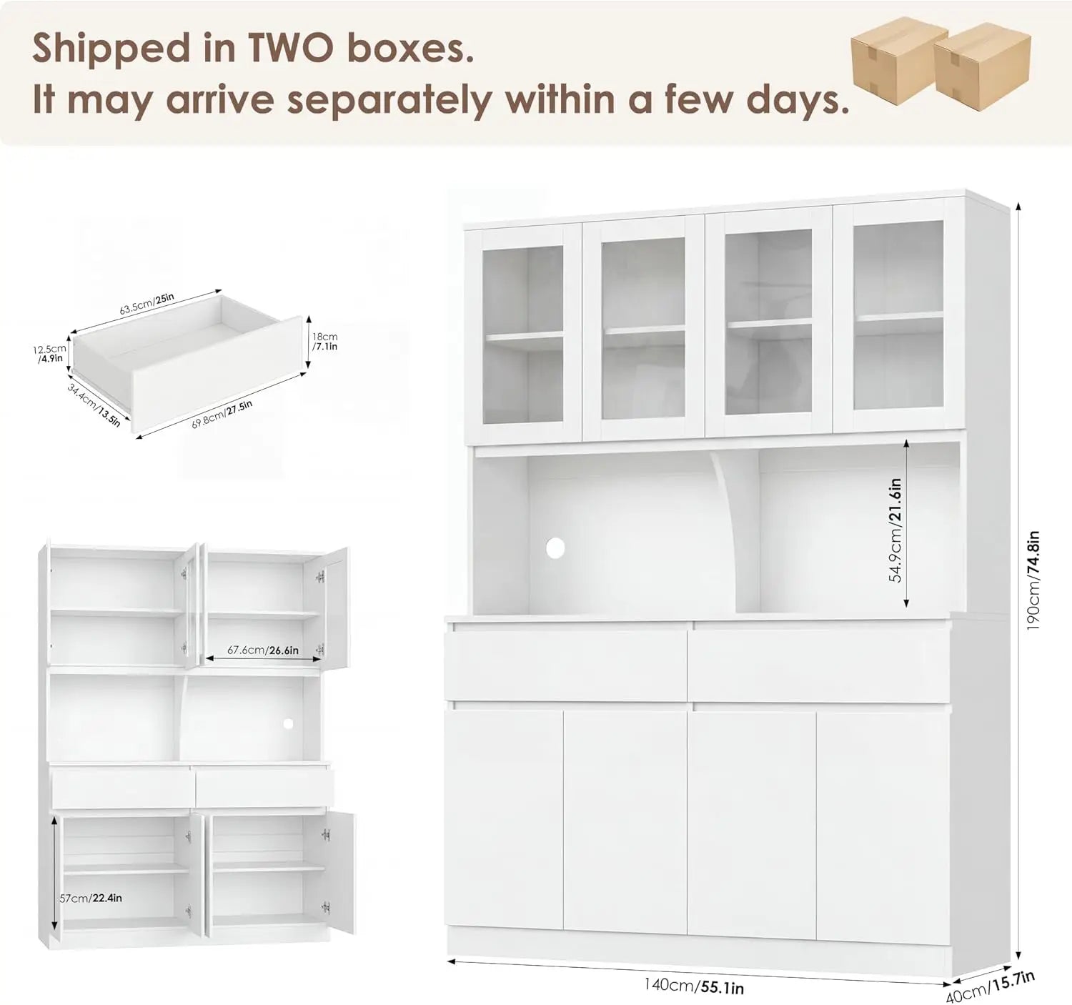 75" x 55" Kitchen Pantry Cabinet, Glass Doors, Drawers