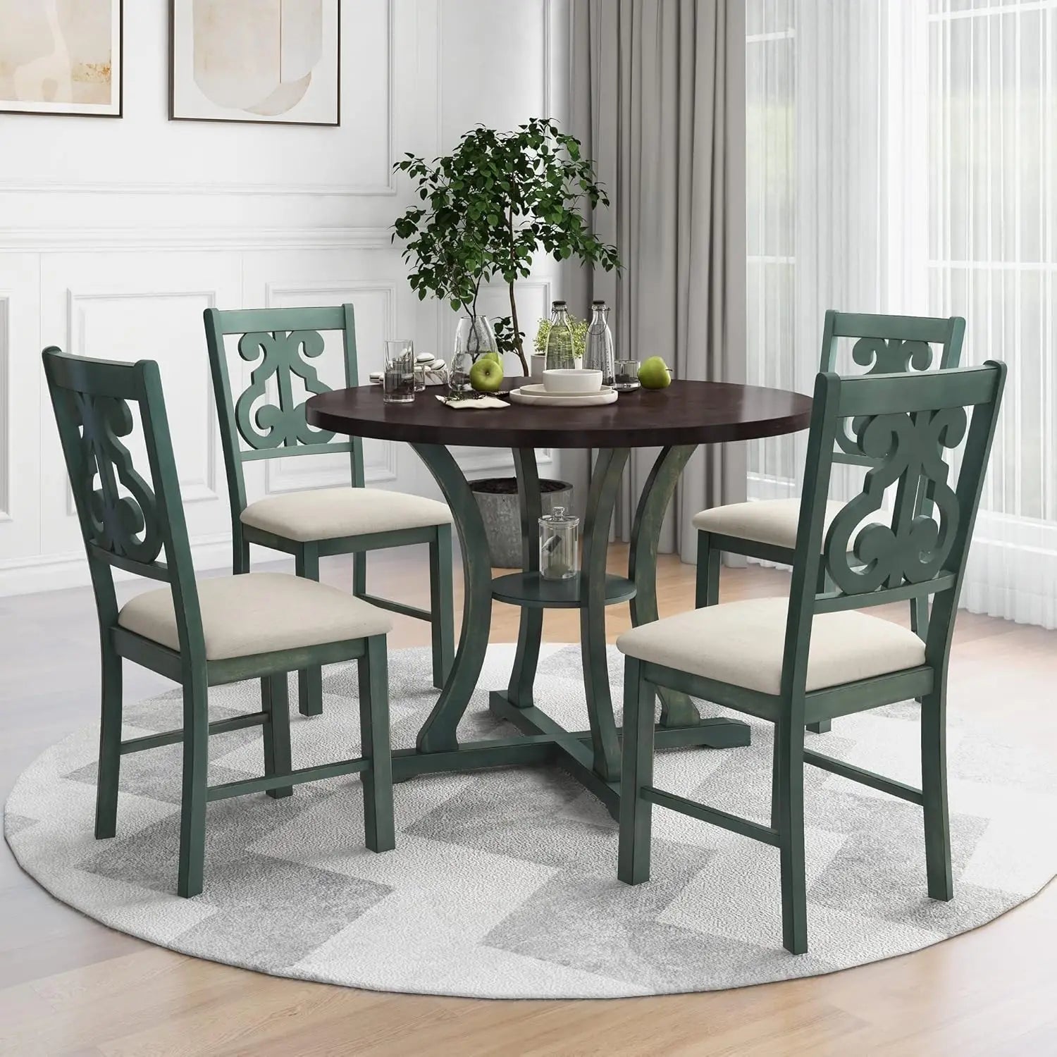 42-58" Farmhouse Set Extendable Wood w/4 Upholstered Chairs