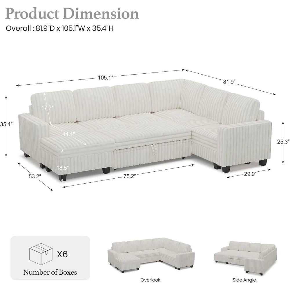 Corduroy Sleeper Sofa Bed w/Storage & Chaise