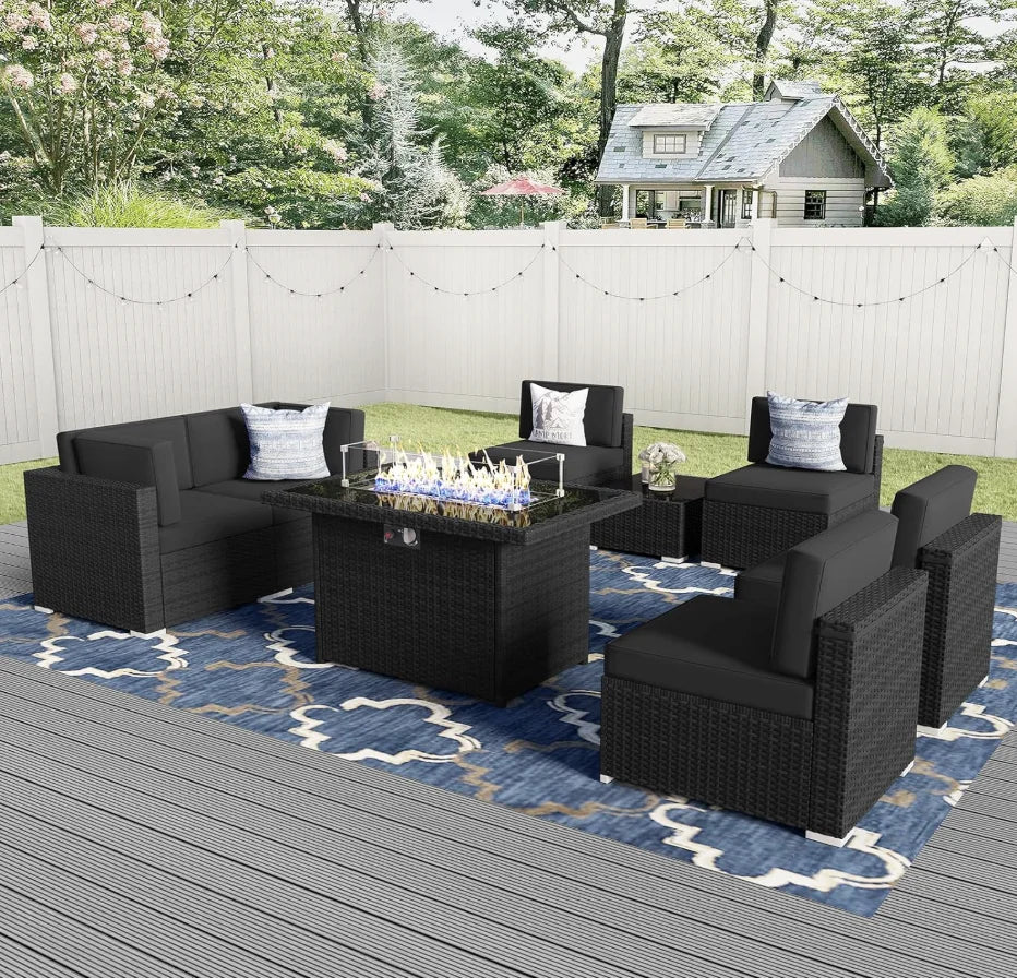 8-Piece Whicker Patio Set W/Fire Pit