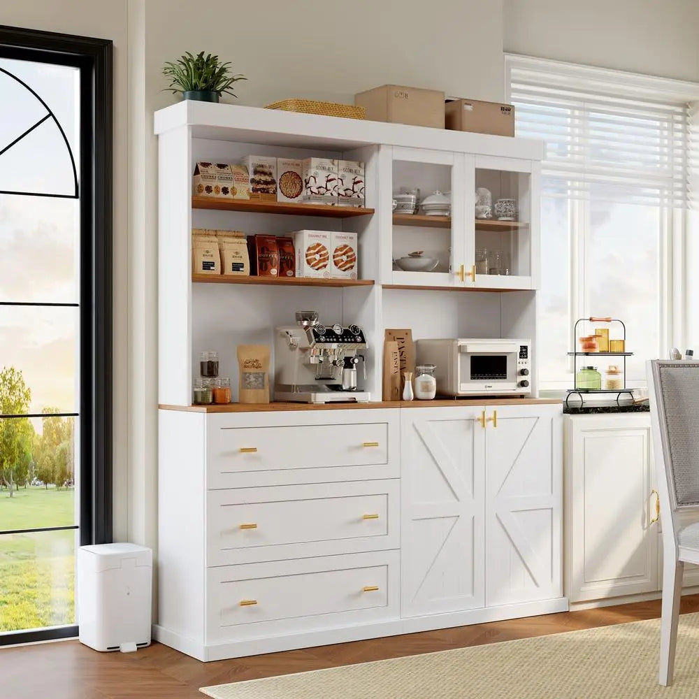 Pantry Cabinet Set of 3, 71" Tall Glass Door Cabinet