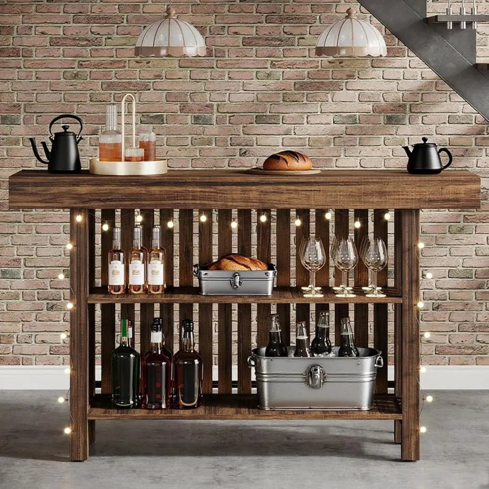 63" Rustic Brown Bar w/2-Tier Storage 42"H