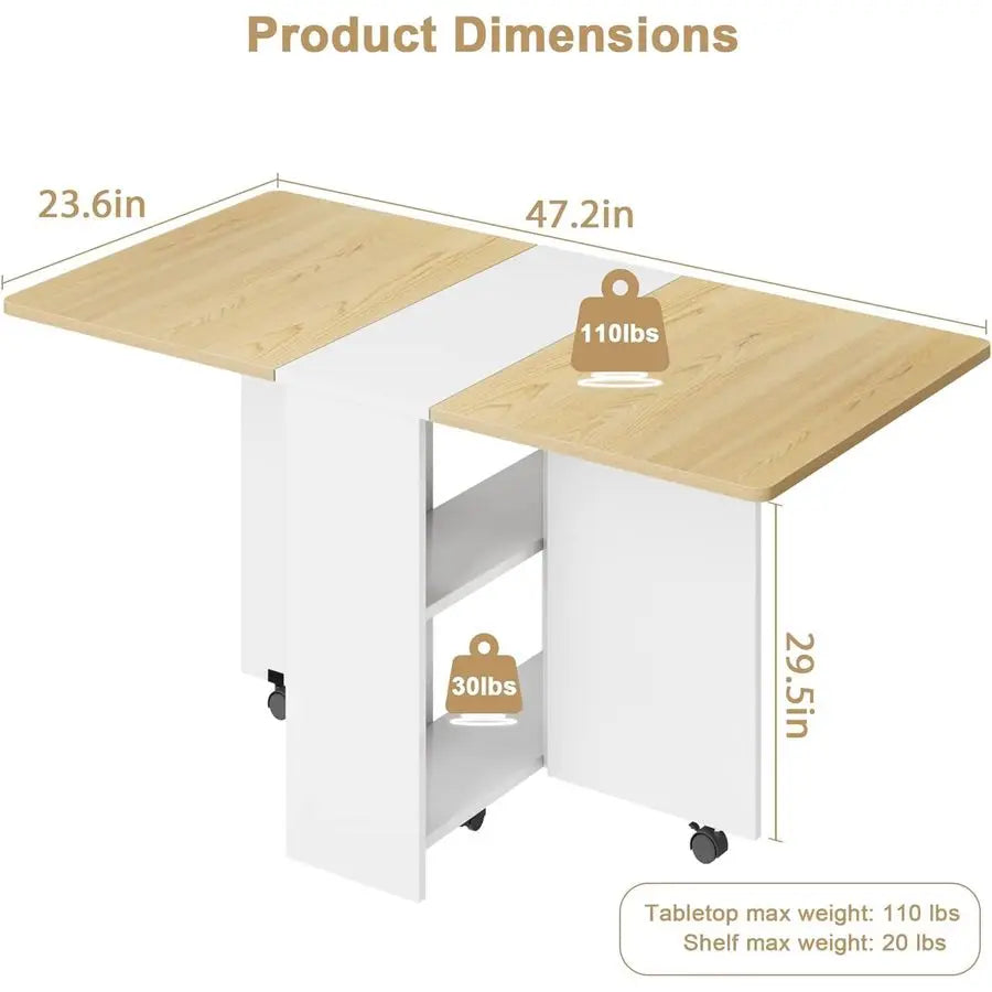 47.2x34.6" Folding Drop Leaf Farmhouse for 4 Wheels