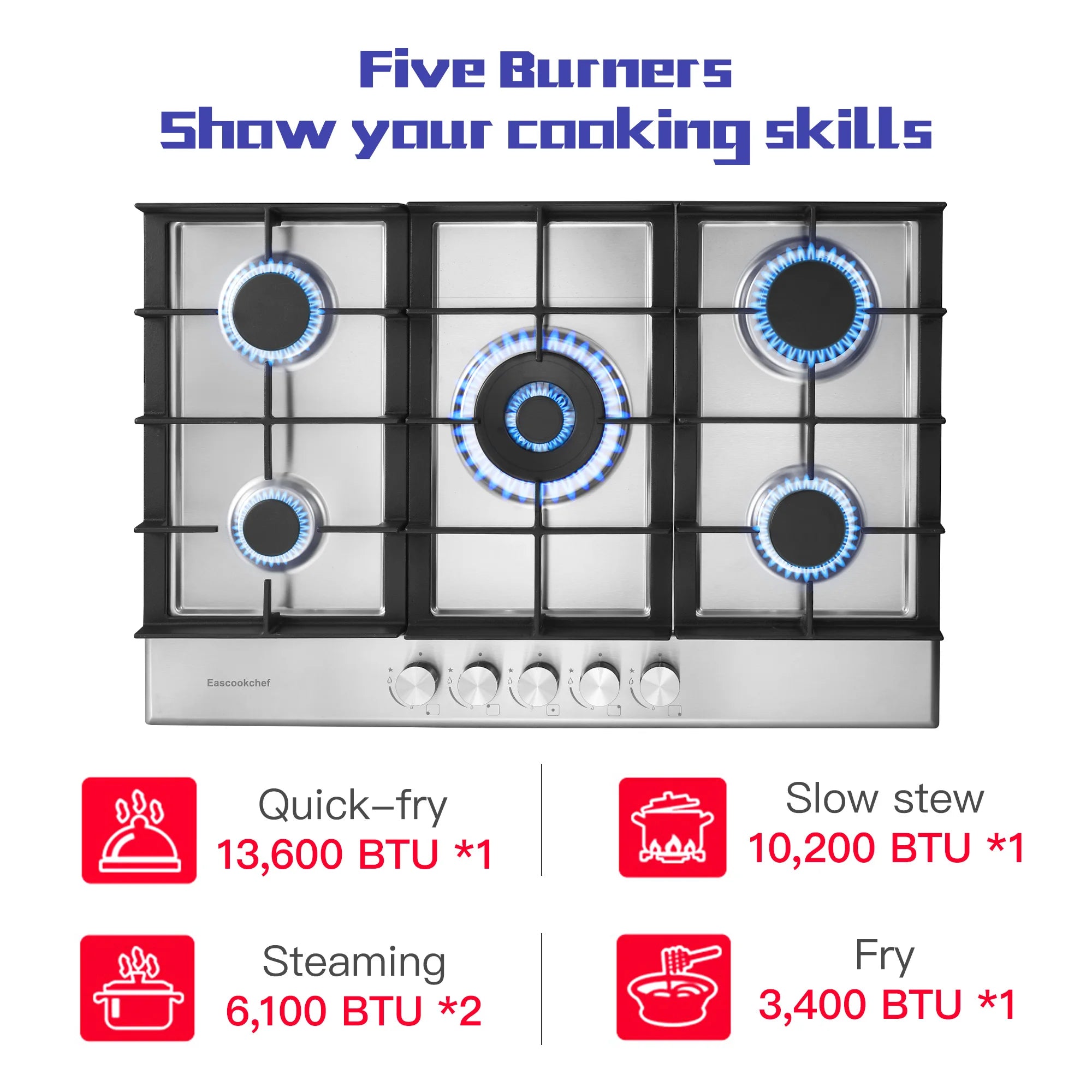 30" Built-in Stainless Gas Cooktop 5 Burners