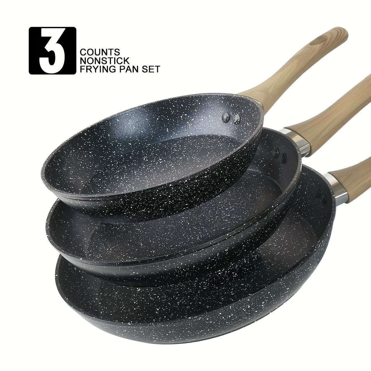 3 pcs Cookware Non-Stick Frying Pans Wooden Handle