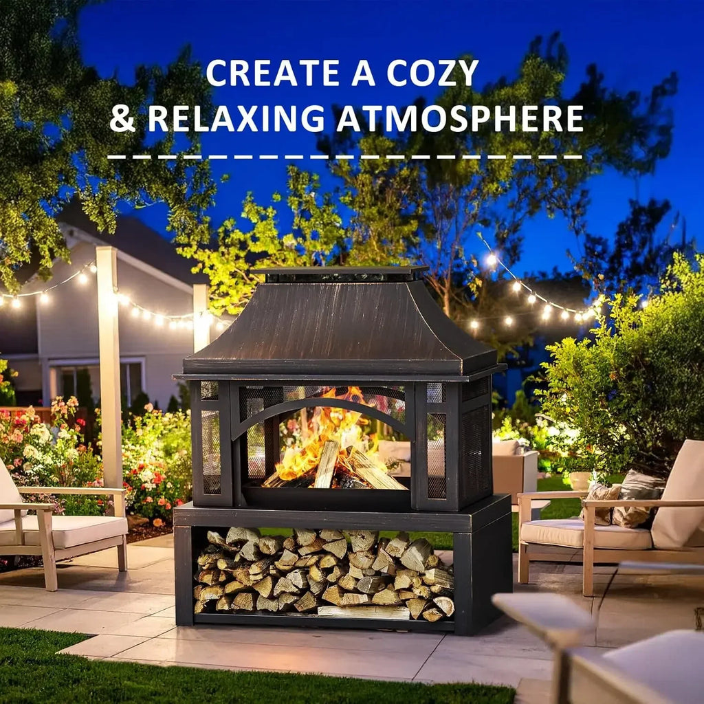 39" Fire Pits Wood Storage Outside, Chimney