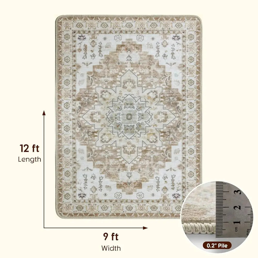 9x12 Boho  Low Pile Cream Washable