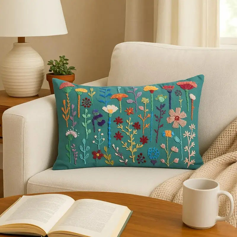 Teal Blue Cotton Embroidered 16x24