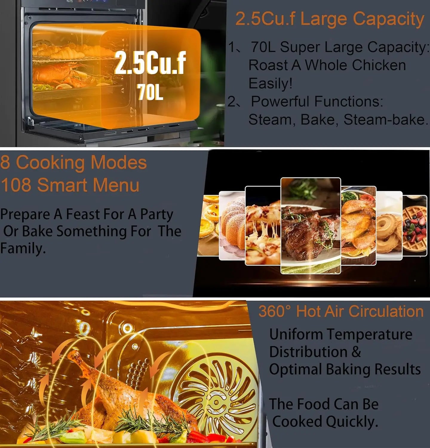 24" Built-in Electric Ovens with 70L Capacity 3000W
