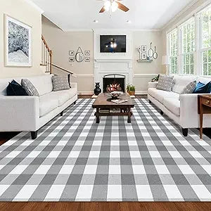 8x10 Grey/White Check Washable Indoor/Outdoor