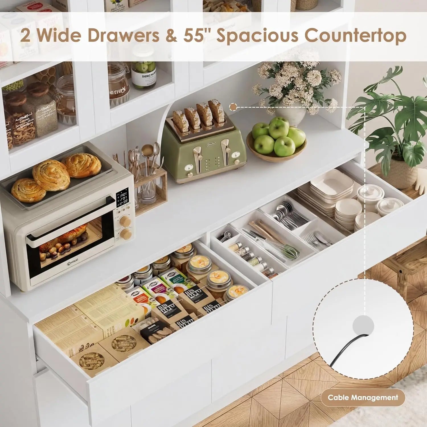75" x 55" Kitchen Pantry Cabinet, Glass Doors, Drawers