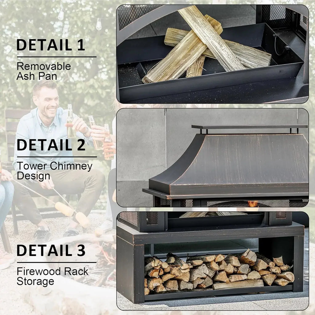 39" Fire Pits Wood Storage Outside, Chimney