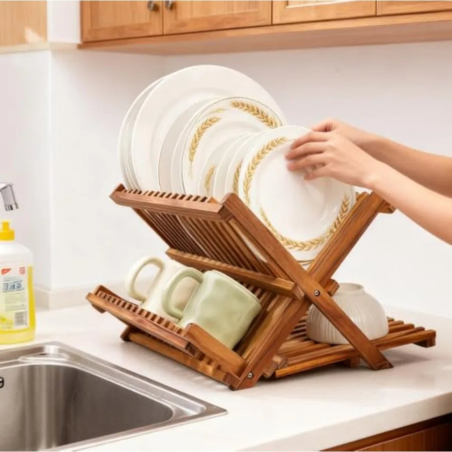 3 Tier Collapsible Teak Wood Dish Rack