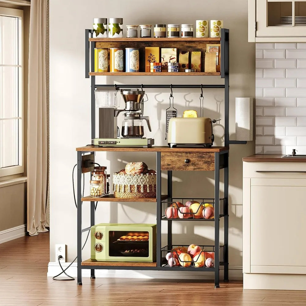 Bakers Rack W/4 Outlets/5-Tier Coffee Bar/MW Stand
