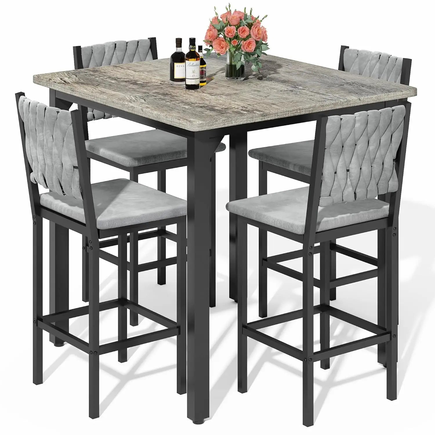 35.43" Counter Height Set Marble/4 Upholstered Bar Stools