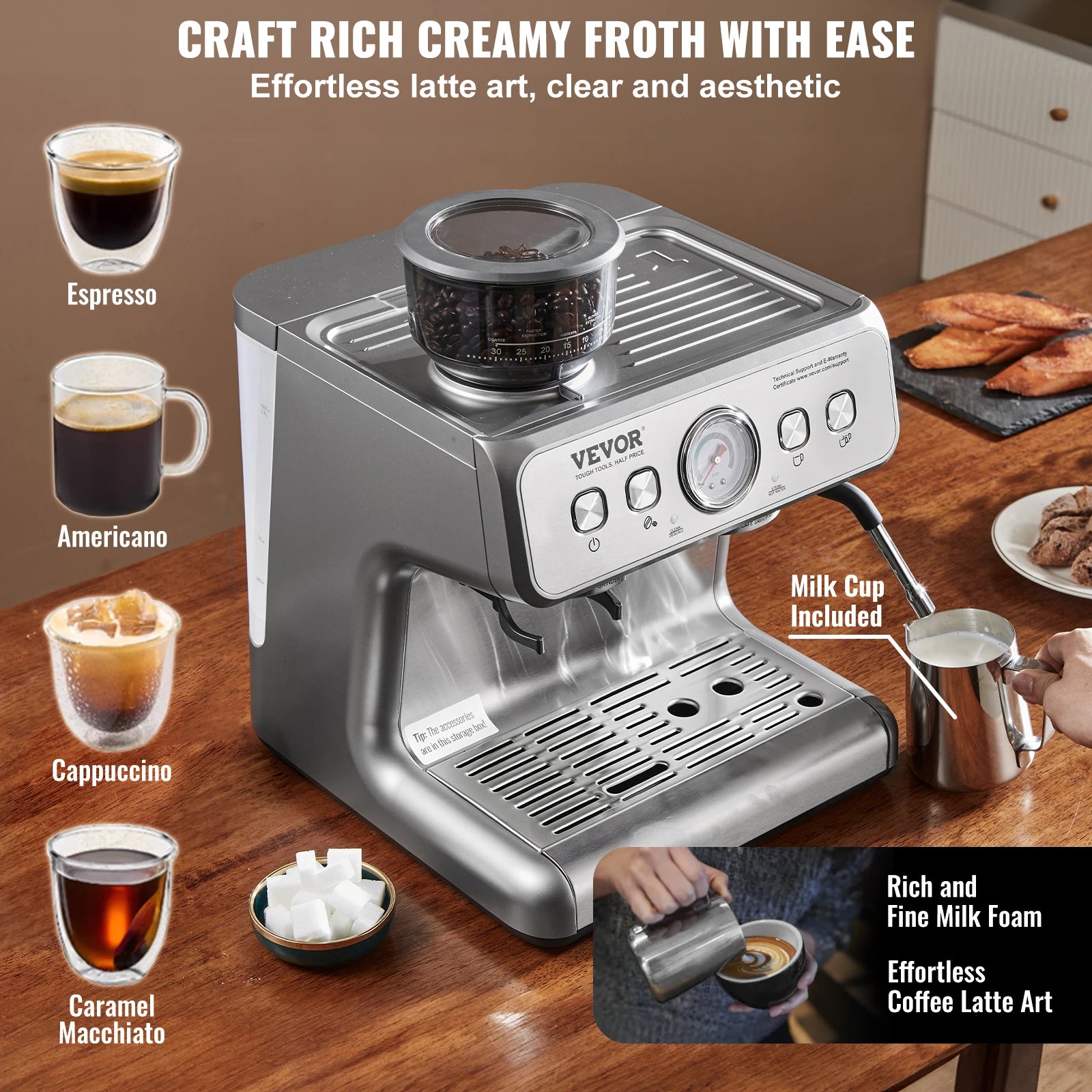 Espresso Machine W/ Grinder 15 Bar Semi-Automatic
