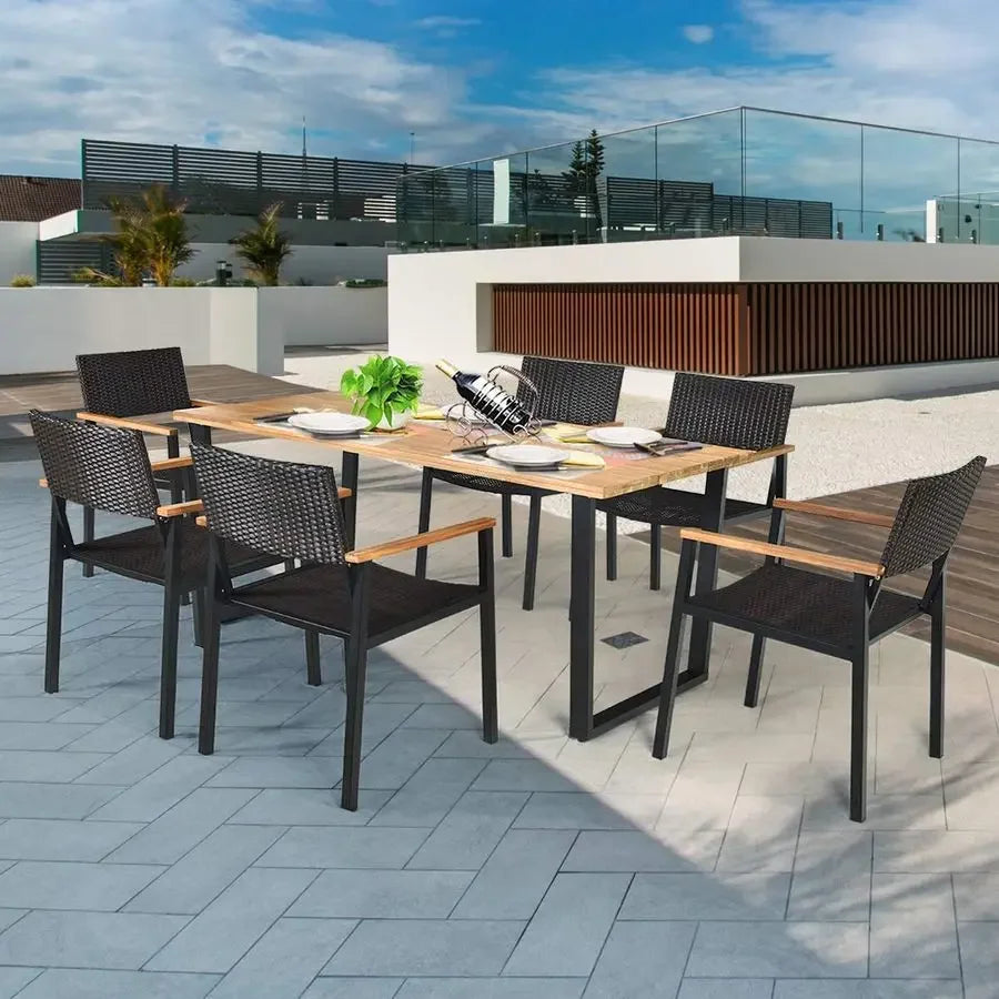 7 Outdoor Patio Rectangle Acacia Wood Rattan Chairs