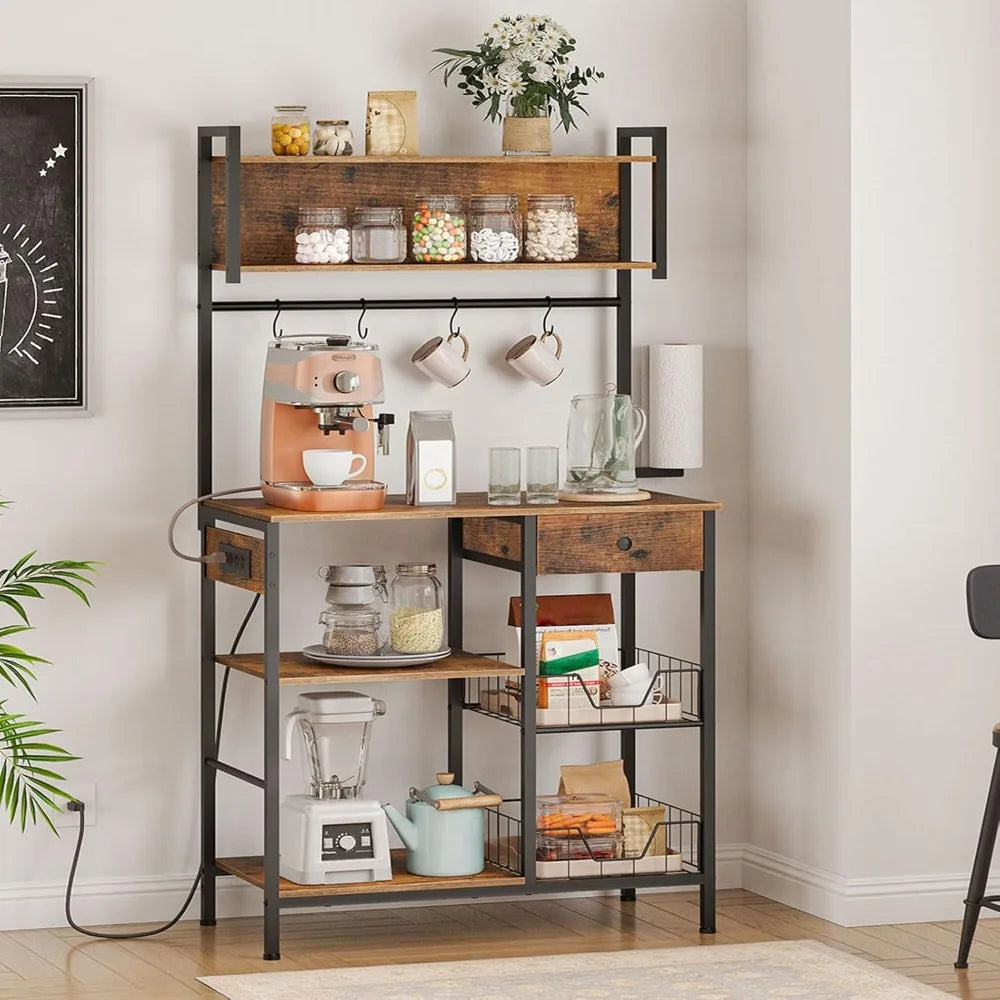 Bakers Rack W/4 Outlets/5-Tier Coffee Bar/MW Stand