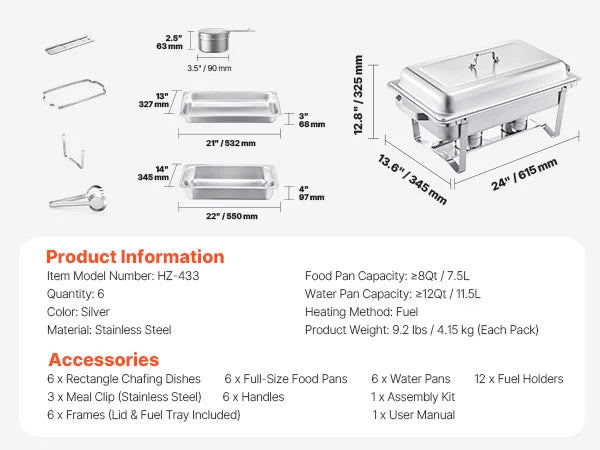 8 Qt 4/6 Pack Chafing Dish Buffet Set Stainless