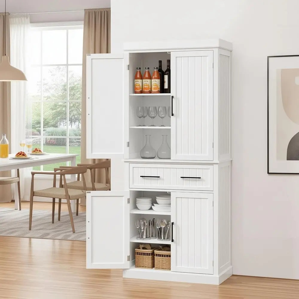 72.5" T White Pantry Cabinet 4 Doors & 2 Adjustable Shelves