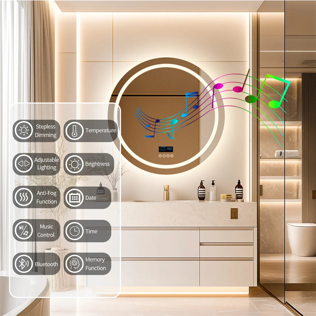 Round Bathroom Mirror w/Dual Bluetooth