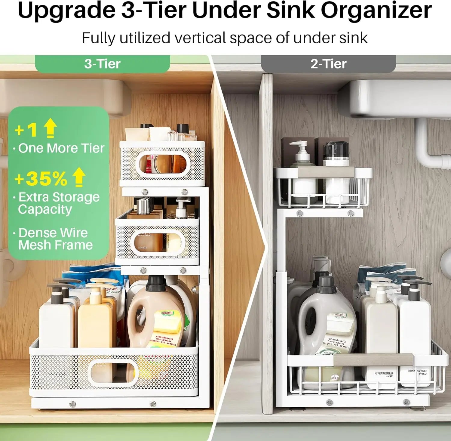 Under Sink Organizer 2 Pack, Metal Pull out, Shelf Slide