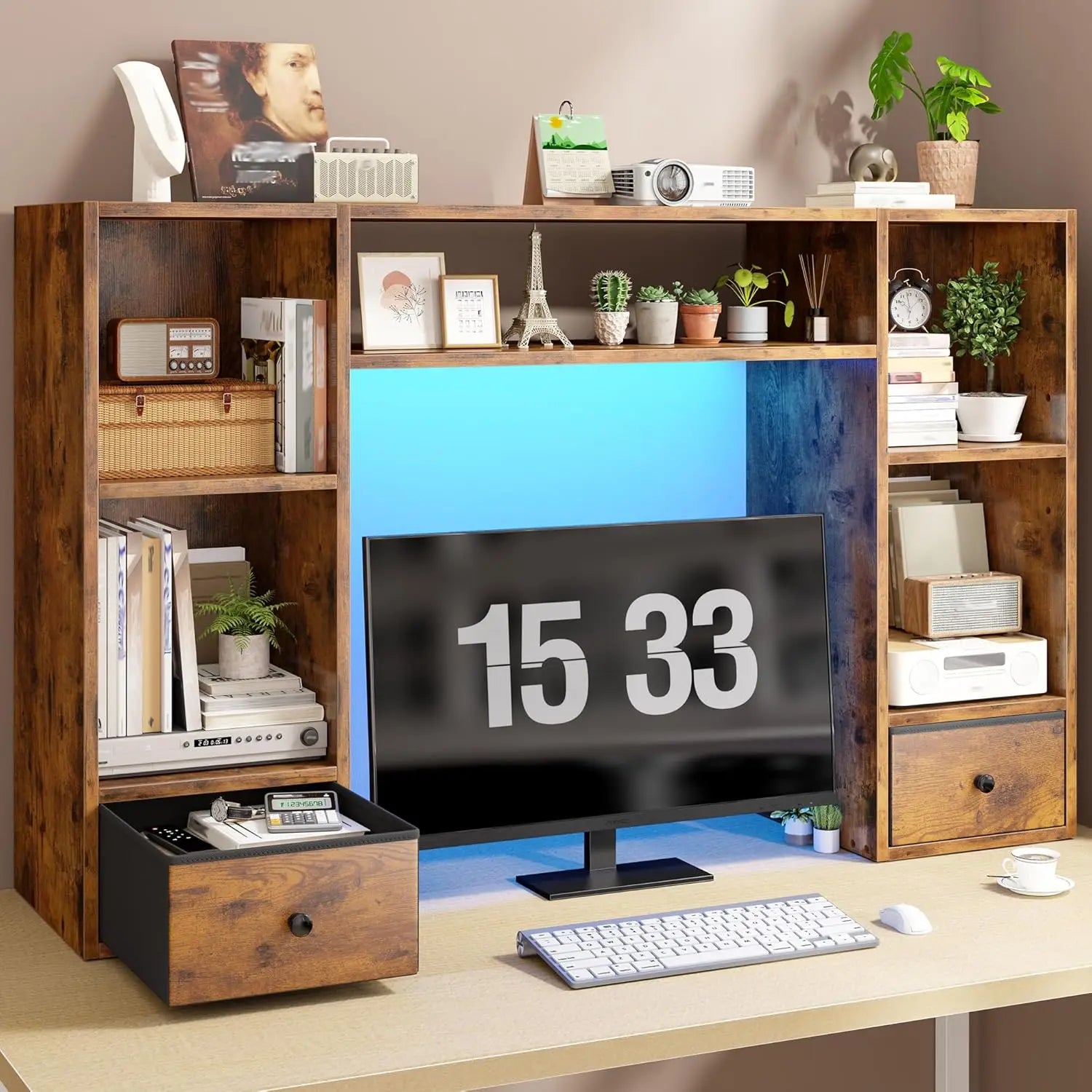Bookshelf W/ LED Light/47.2"/Organizer 6 Shelves 2 Drawers