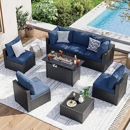 8-Piece Whicker Patio Set W/Fire Pit