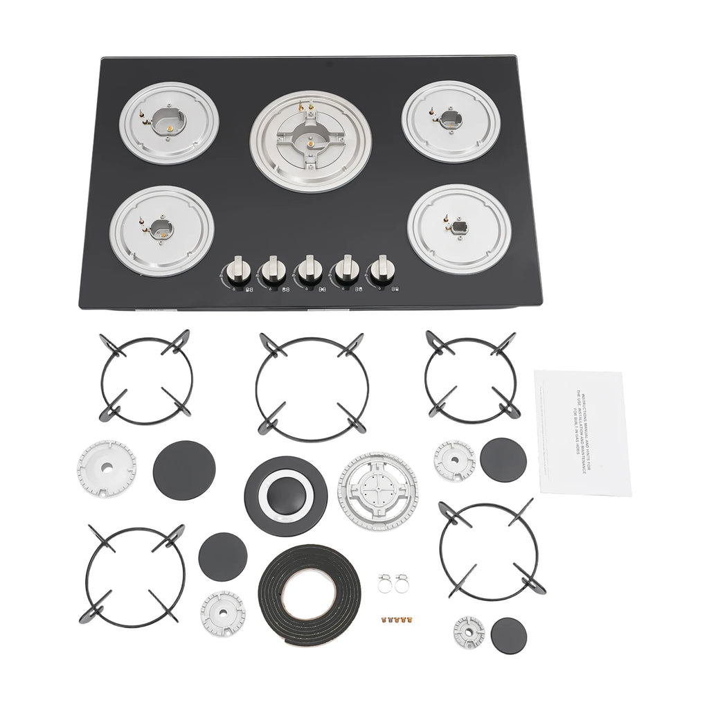 5-Burner Natural Gas Stove Tempered Glass Battery Ignition