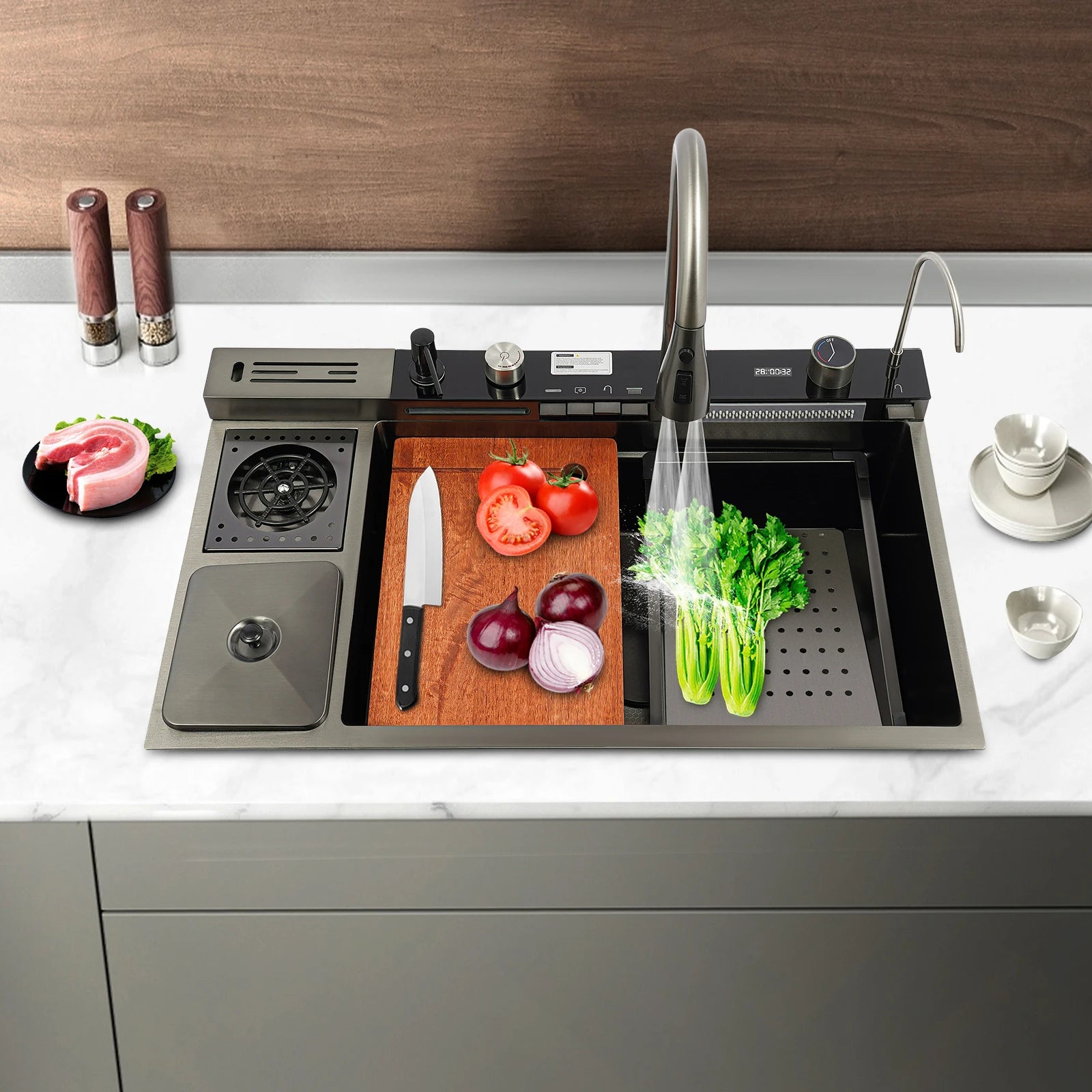Multifunctional Stainless Digital Display Single Bowl Waterfall