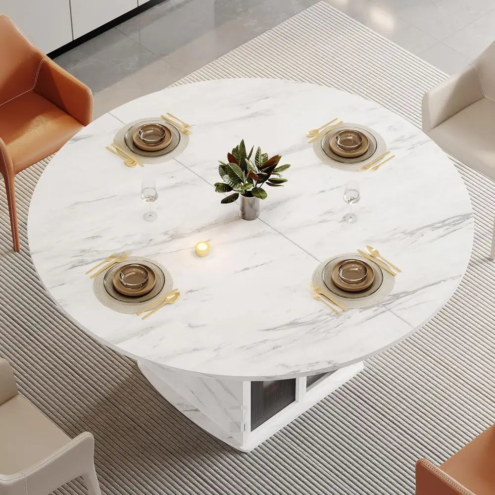 47" Round w/Storage White Faux Marble