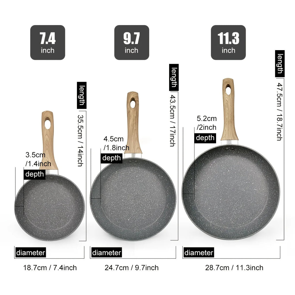 3 pcs Cookware Non-Stick Frying Pans Wooden Handle
