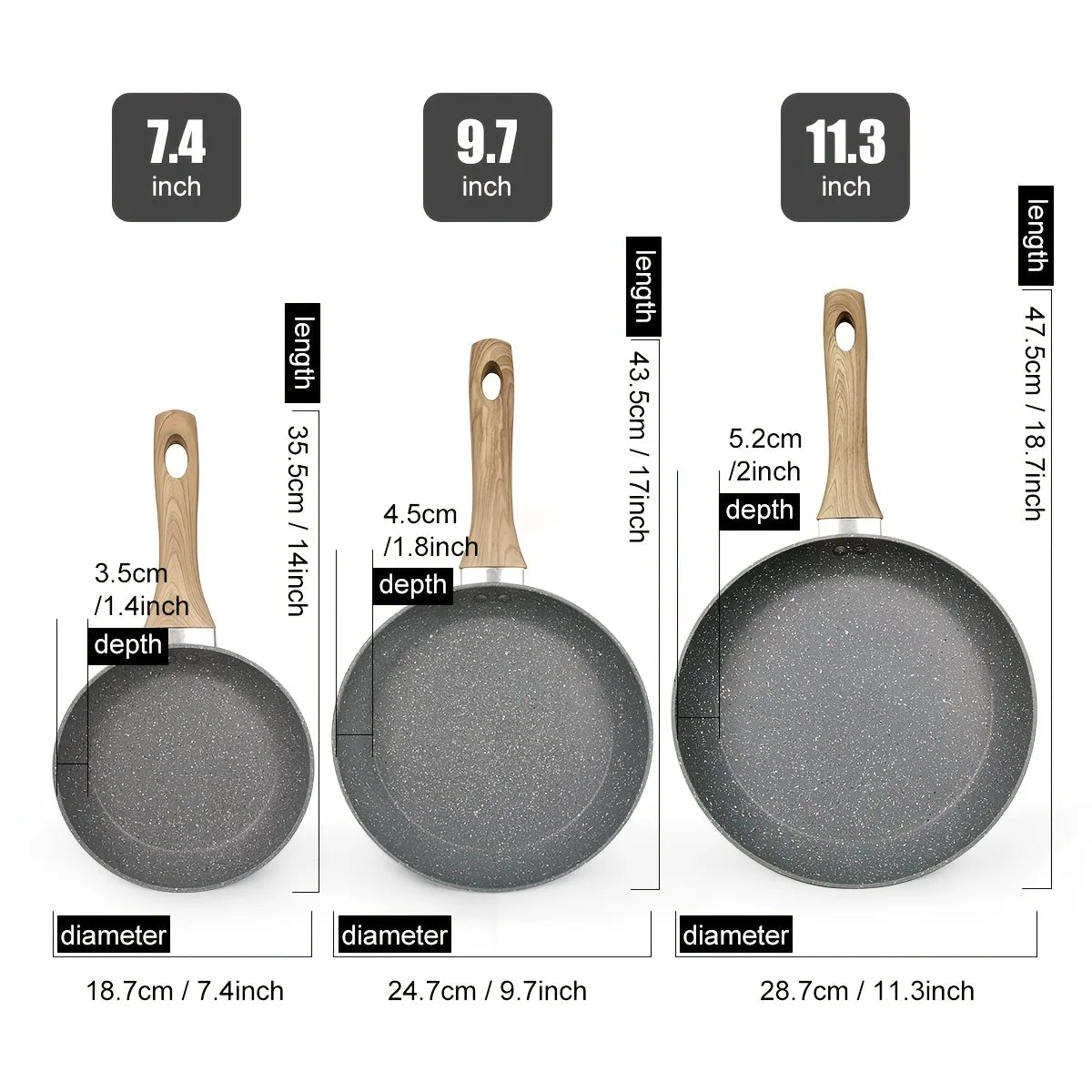 3 pcs Cookware Non-Stick Frying Pans Wooden Handle