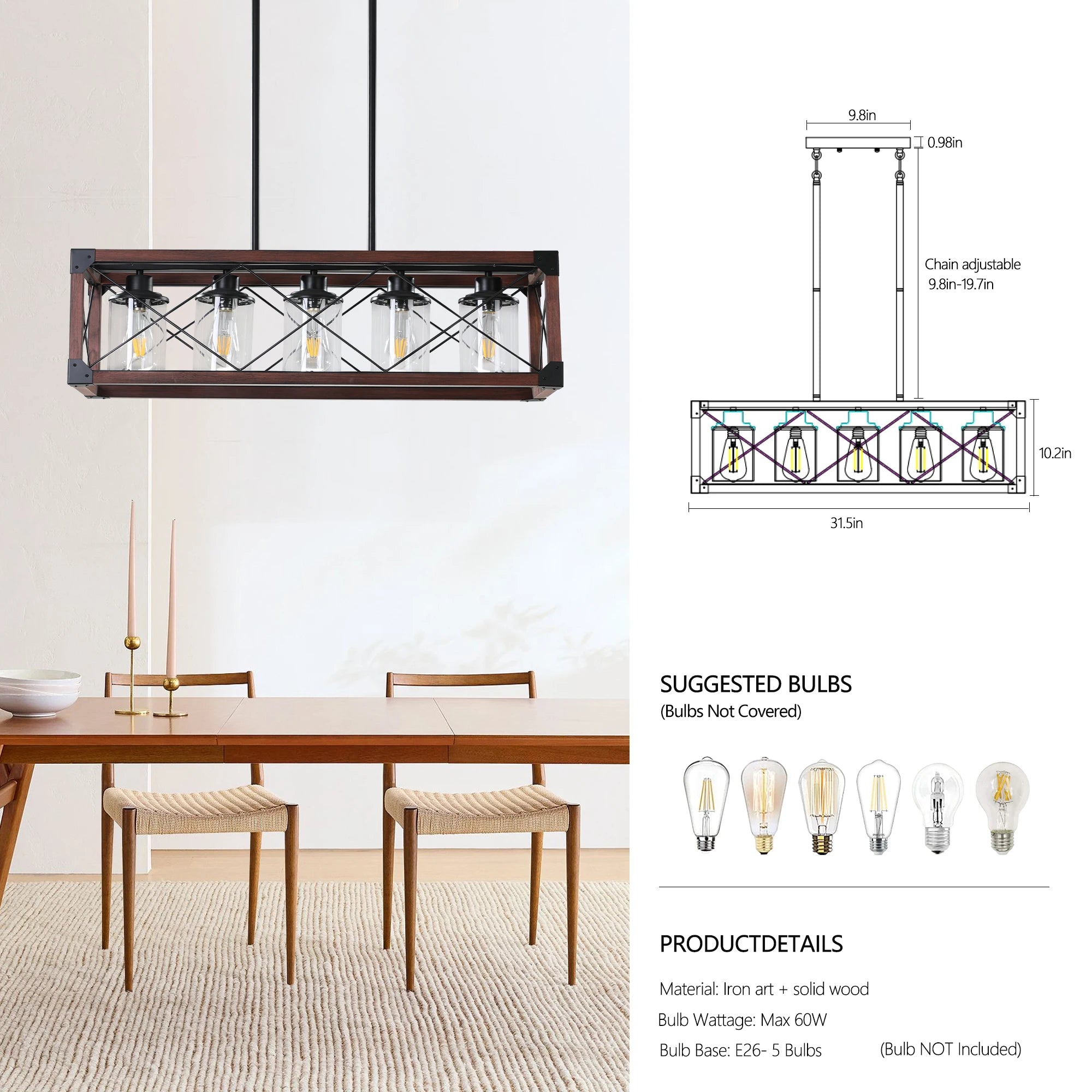 31“ Industrial Farmhouse Wood & Iron Pendant