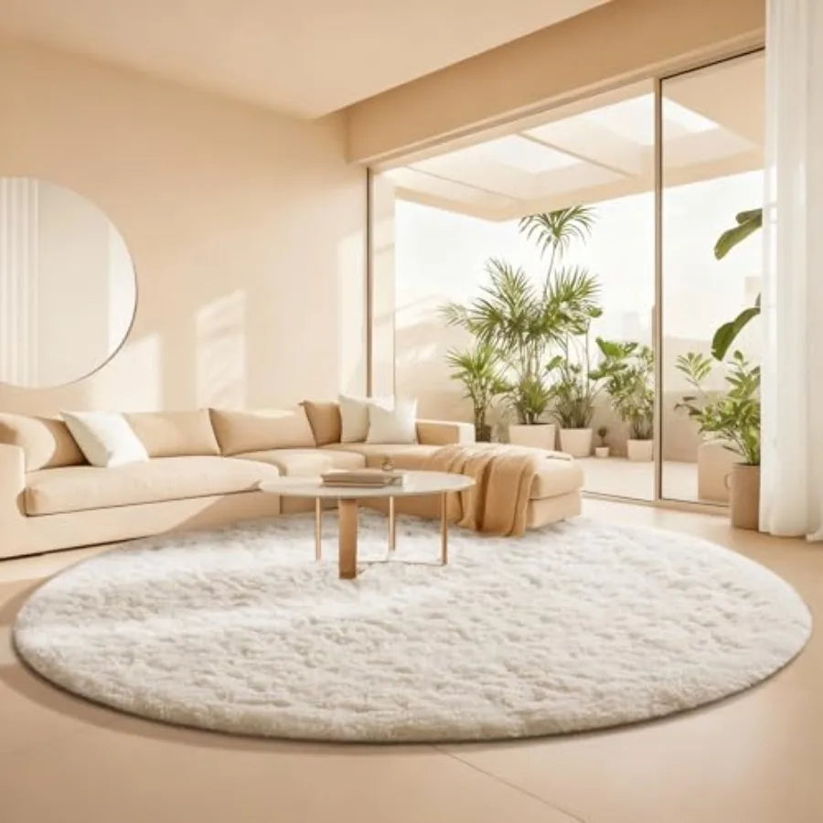 8' Circle Ivory Plush Fluffy Fuzzy Shag