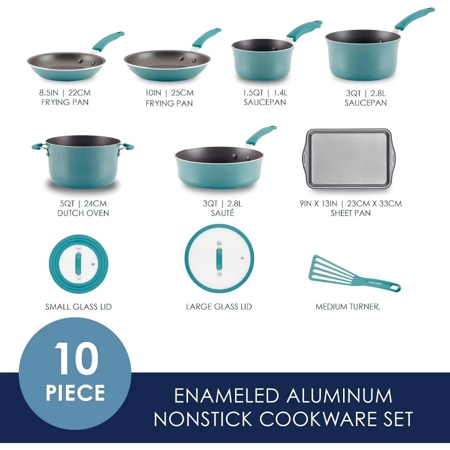 Nonstick Cookware Pots and Pan Set 10 Pcs Agave Blue